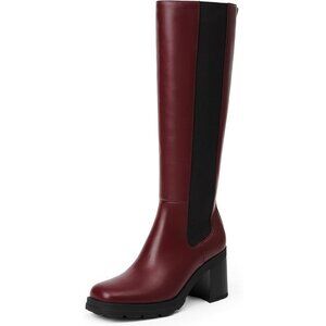 Women’s Knee High Chelsea Platform Boots  Chunky Slip-On Faux Leather Square Toe